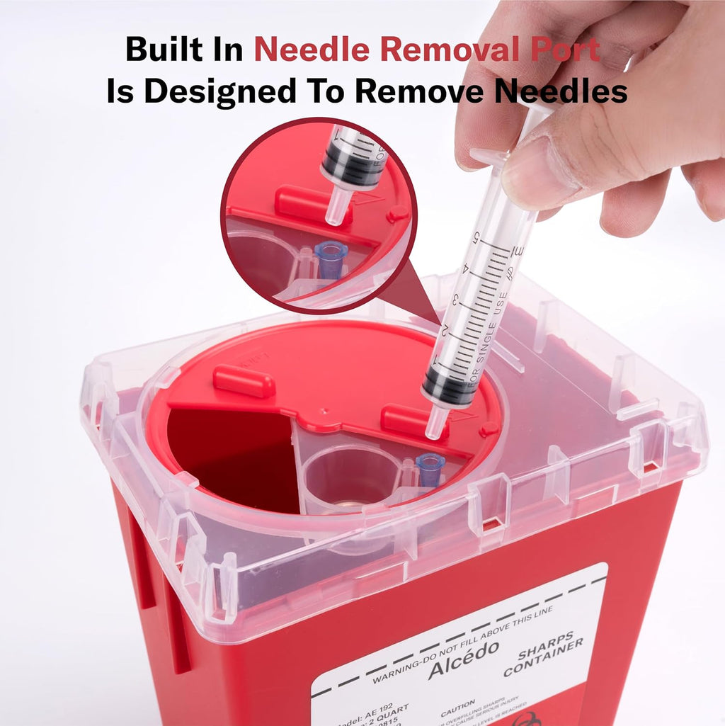 2 Quart Sharps Container (1-Pack) for Needle & Syringe Disposal | Small & Portable, Built-In Needle Removal Port
