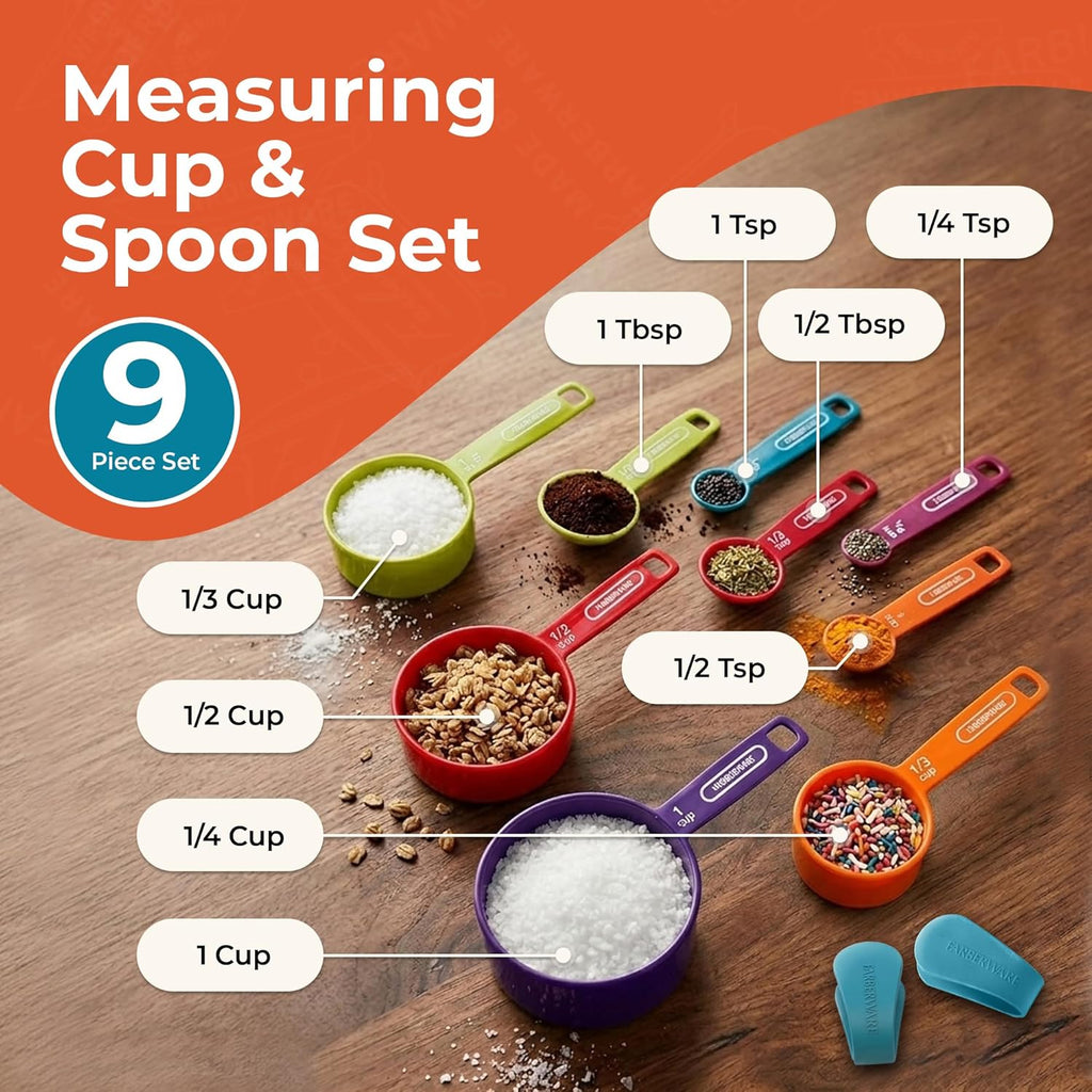 Kitchen Basics Measuring Cup & Spoon Set – 9-Piece Colorful Nesting Stackable Cups & Spoons with Ring Organizer