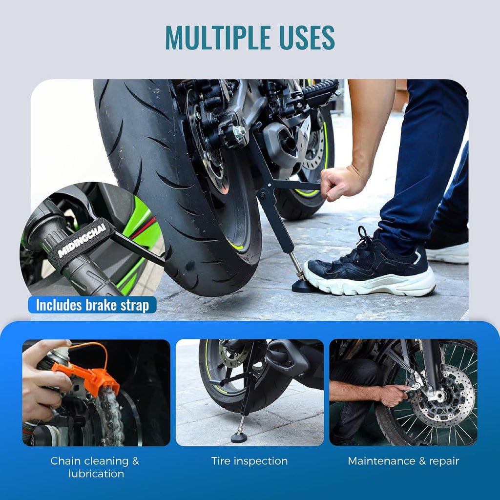 Motorcycle Stand Portable Motorcycle Rear Stand with Break Strap | Foldable Paddock Stand, Adjustable Height
