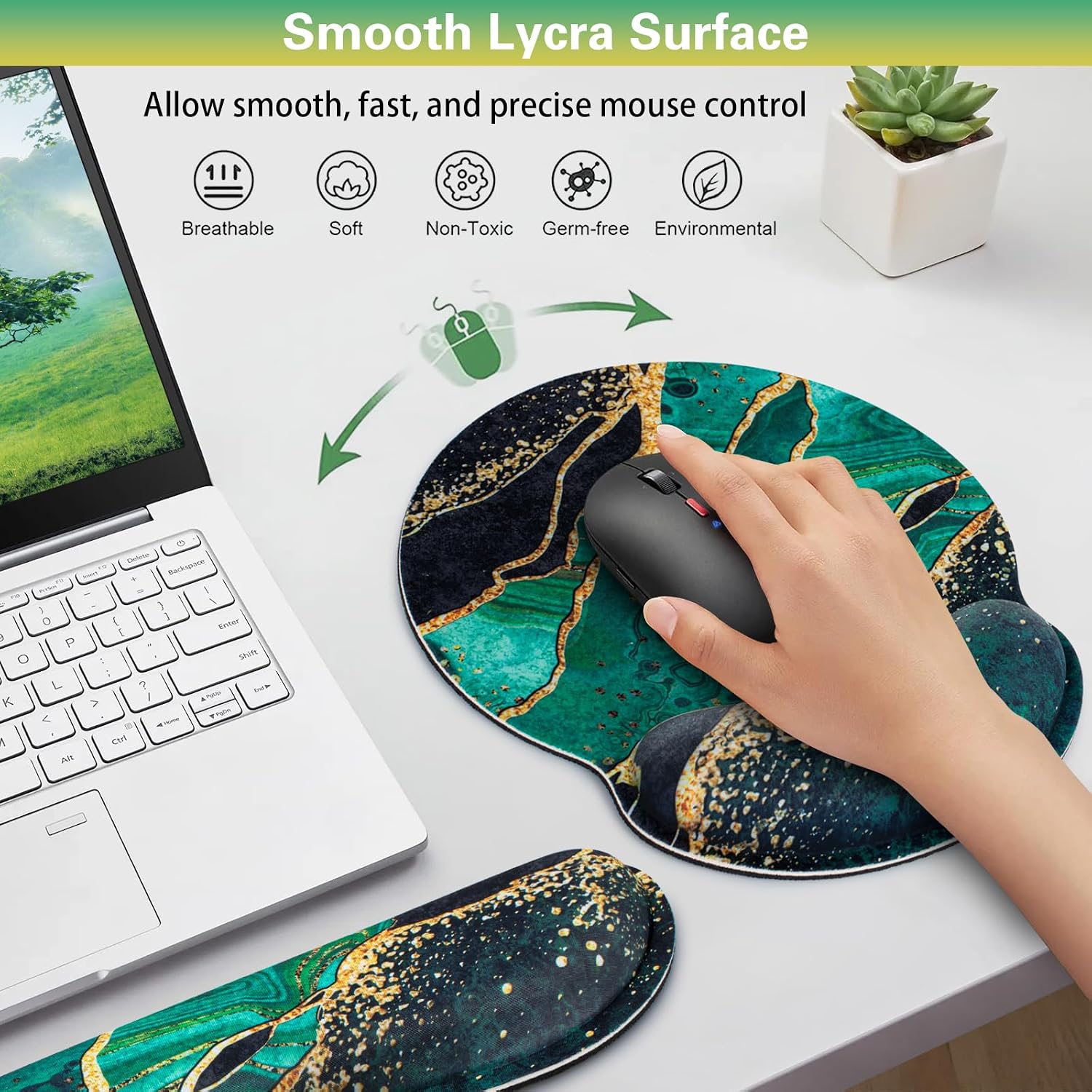 Mouse Pad Green with Wrist Rest Set, 3-in-1 Wrist Support Mousepad | Gaming Mat Pad with Anti-Skid Base,Ergonomic