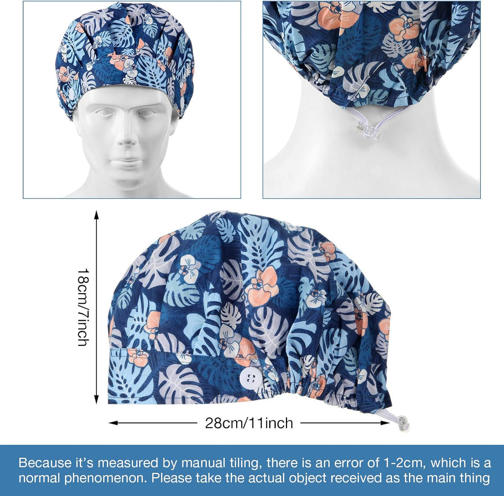 6 Pieces Button Bouffant Surgical Caps Nursing Hats Adjustable Printed Sweatband Working Caps for Women Men Nursing