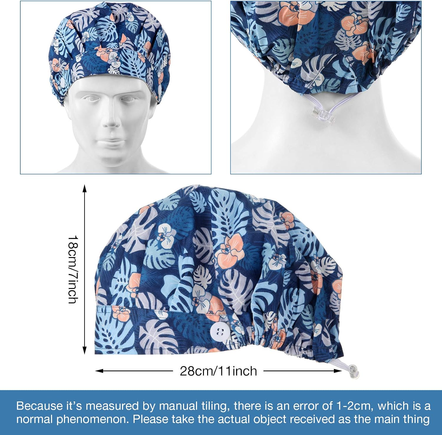 6 Pieces Button Bouffant Surgical Caps Nursing Hats Adjustable Printed Sweatband Working Caps for Women Men Nursing