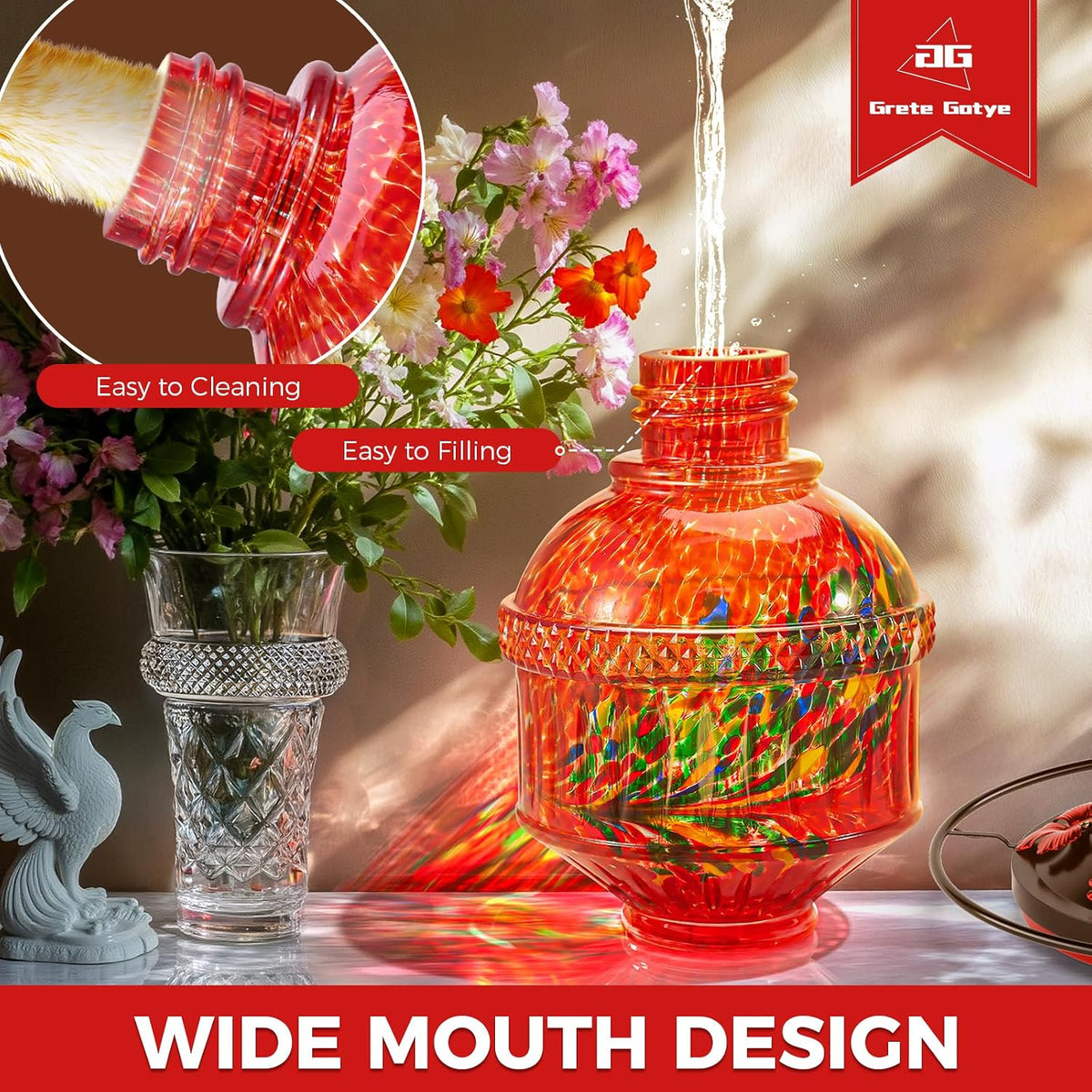 Blown Glass Hummingbird Feeders for Outdoors, 25 Ounces Wild Bird Nectar Feeder with Perch & 5 Flower Feeding Ports