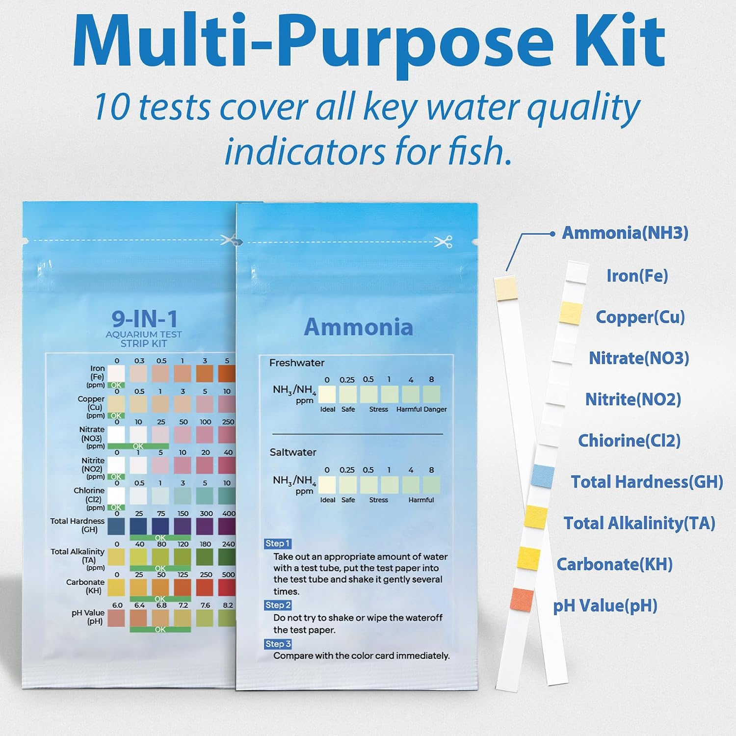 10-in-1 Ammonia Test Kit Aquarium (100 Strips): 50 Multi-Test + 50 Ammonia | Aquarium Test Strips for Freshwater &