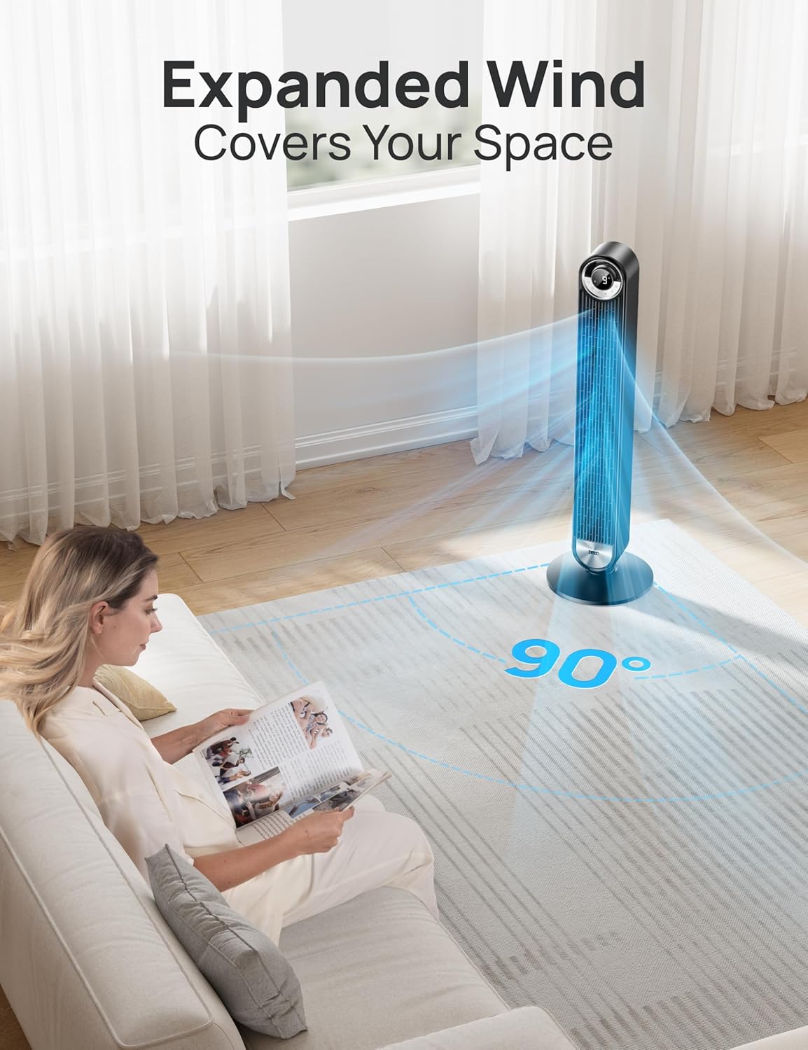 Tower Fan for Bedroom, Upgraded DC 28ft/s Velocity, 25dB Quiet Fan | 9 Speeds Standing Fan, 90° Oscillating Cooling