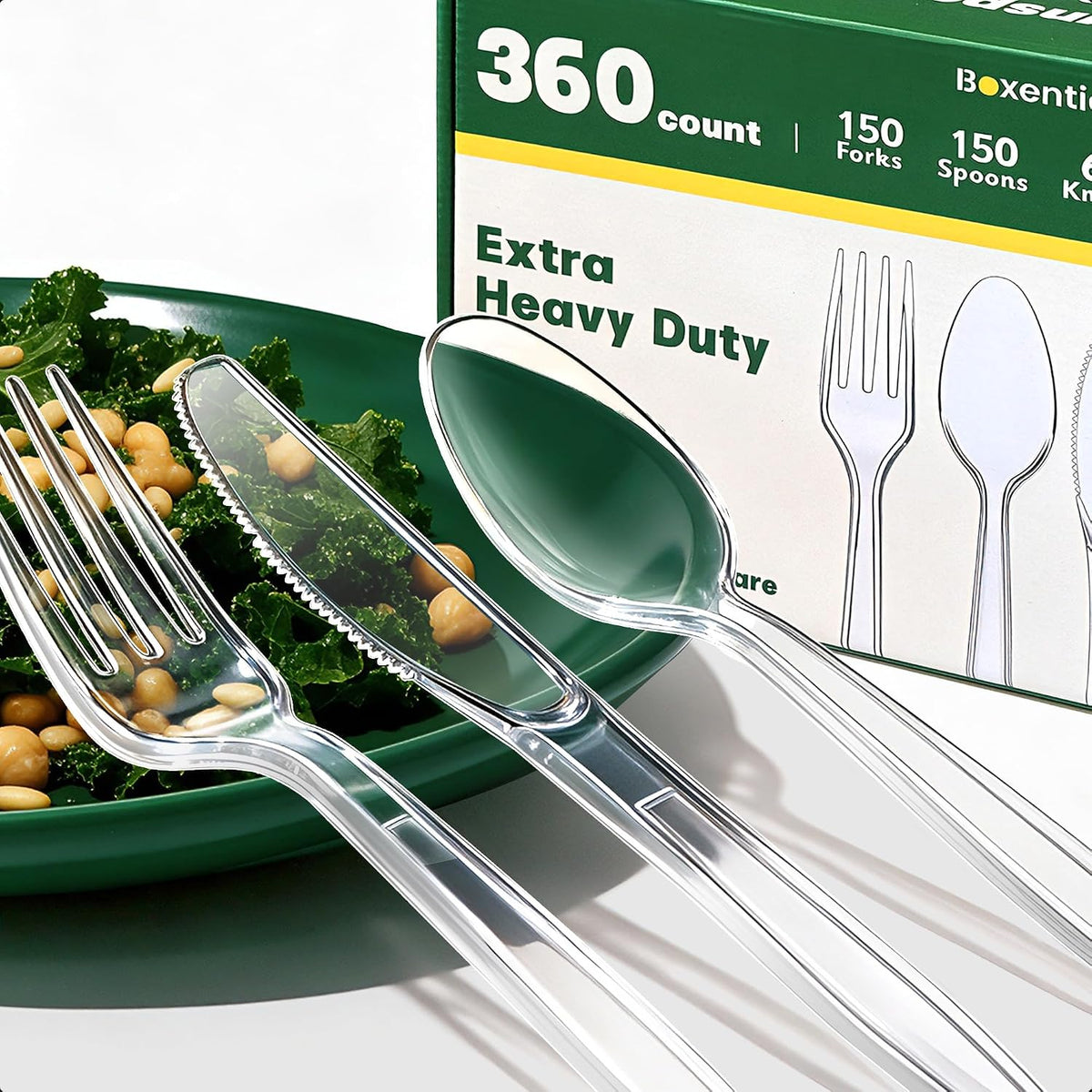 360 Count Extra Sturdy Plastic Silverware[150 Forks 150 Spoons 60 Knives]