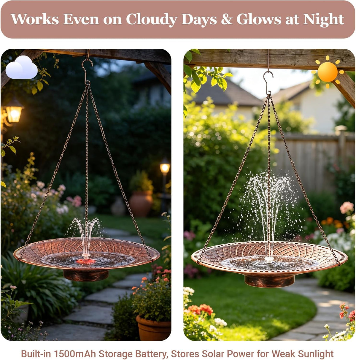 19.6" Large Bird Bath with Solar Fountain, LED & Battery Hanging Birdbath