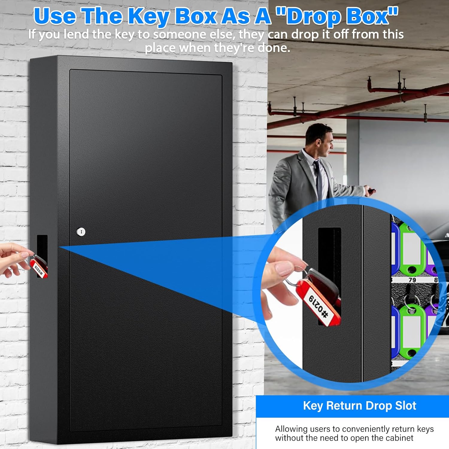 250 Keys Key Lock Box Wall Mount with Additional 24 Side Hooks and Key Tags | Anti-Theft Key Cabinet with Side Drop