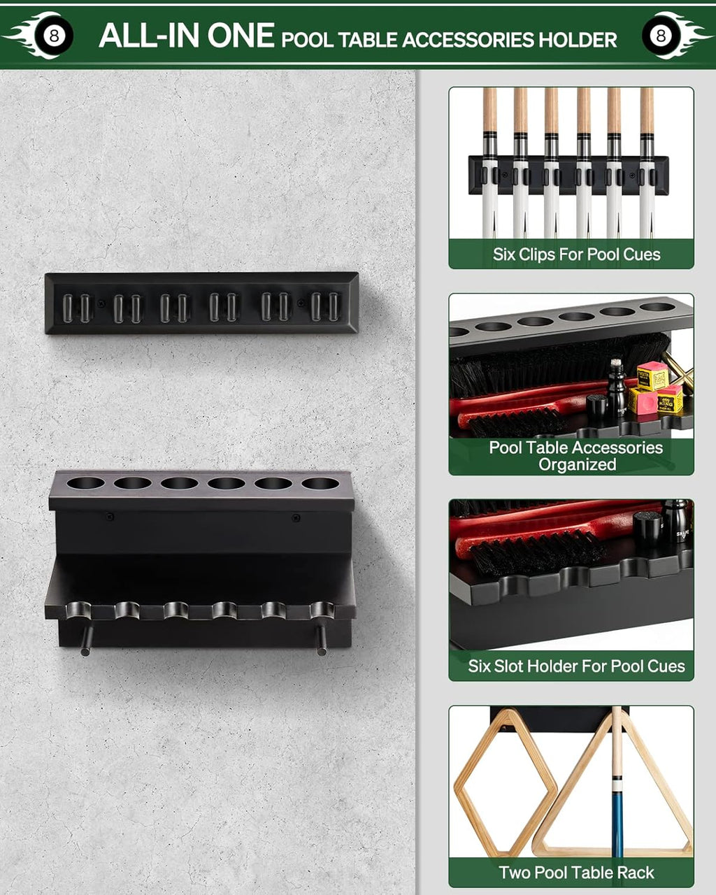 Wall Mount Pool Stick Holder - Billiards Pool Cue Rack Hardwood Pool Cue Set Holder for 6 Cues Sticks Storage Pool