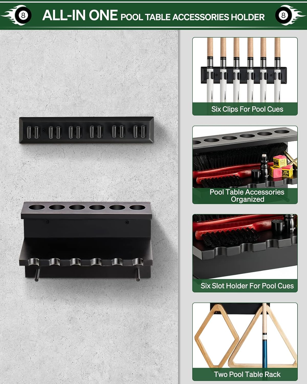 Wall Mount Pool Stick Holder - Billiards Pool Cue Rack Hardwood Pool Cue Set Holder for 6 Cues Sticks Storage Pool