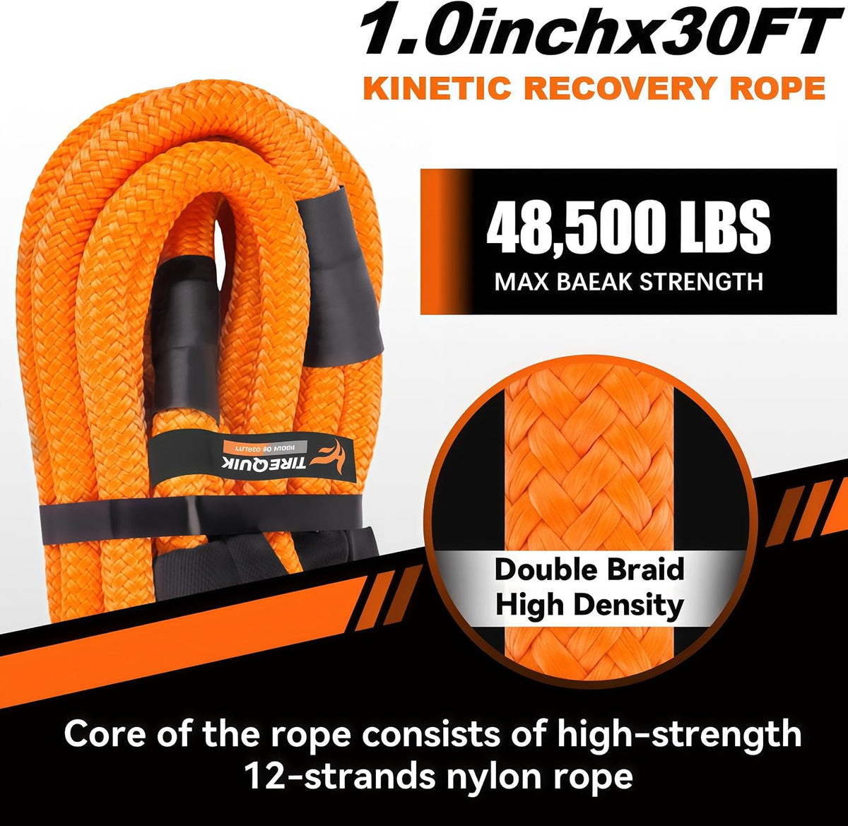 Kinetic Recovery Rope 1" x 30ft 48500lbs, Tow Strap with 2 Soft Shackles
