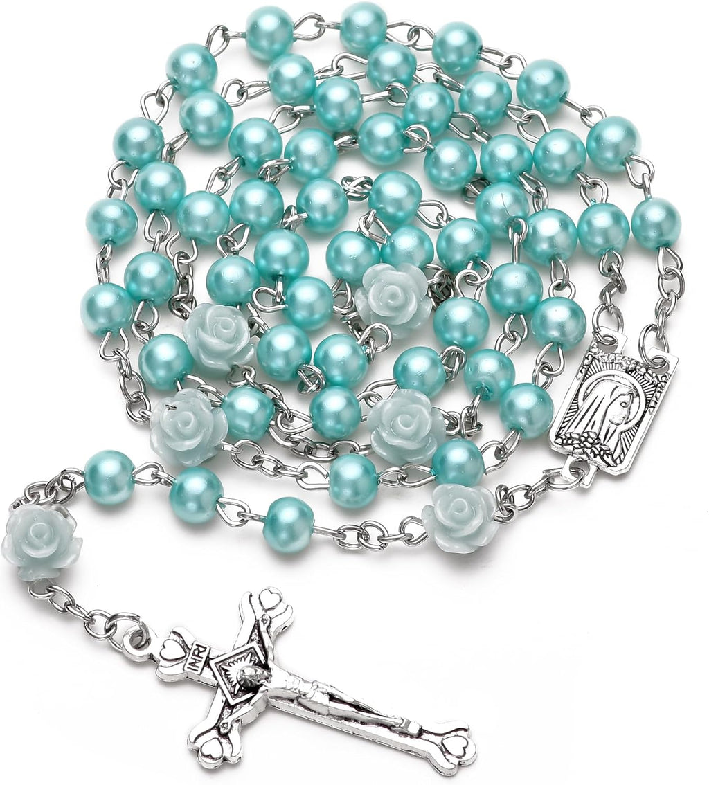 Rosary Beads Catholic Necklace Holy Soil Medal Cross Crucifix with Metal Box and 18pcs Prayer Cards