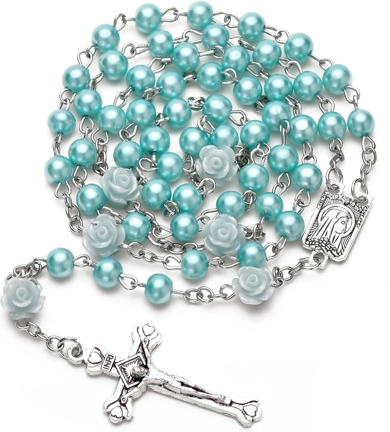 Rosary Beads Catholic Necklace Holy Soil Medal Cross Crucifix with Metal Box and 18pcs Prayer Cards
