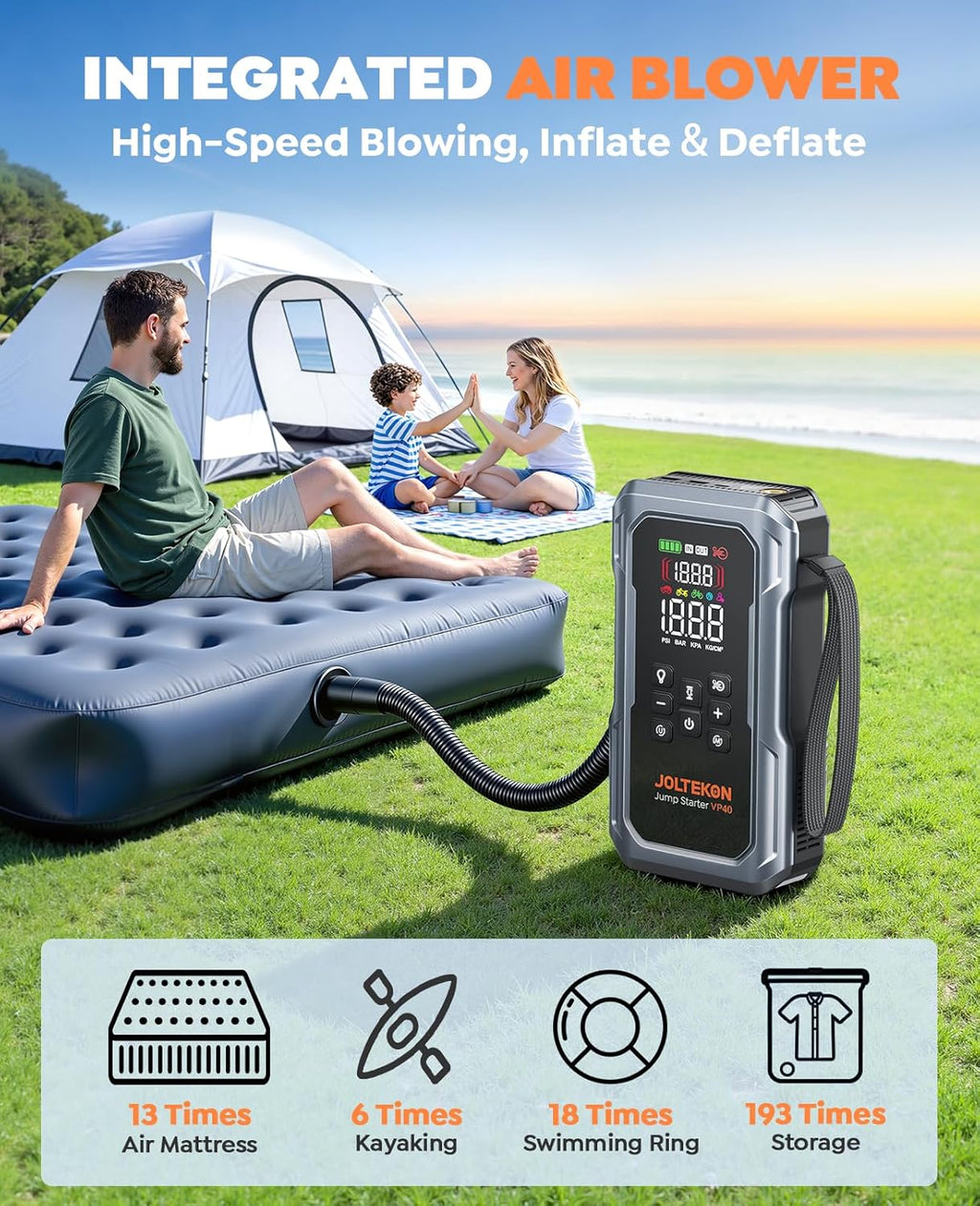 6000A 160PSI 9-in-1 Car Battery Jump Starter with Air Compressor & Air Blower (All Gas 12L Diesel), Battery Jumper