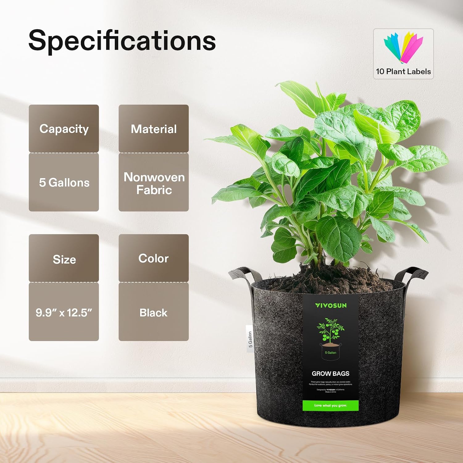 VIVOSUN 5-Pack 5 Gallon Plant Grow Bags Fabric Pots with Handles | 300G Thickened Nonwoven Fabric, Excellent