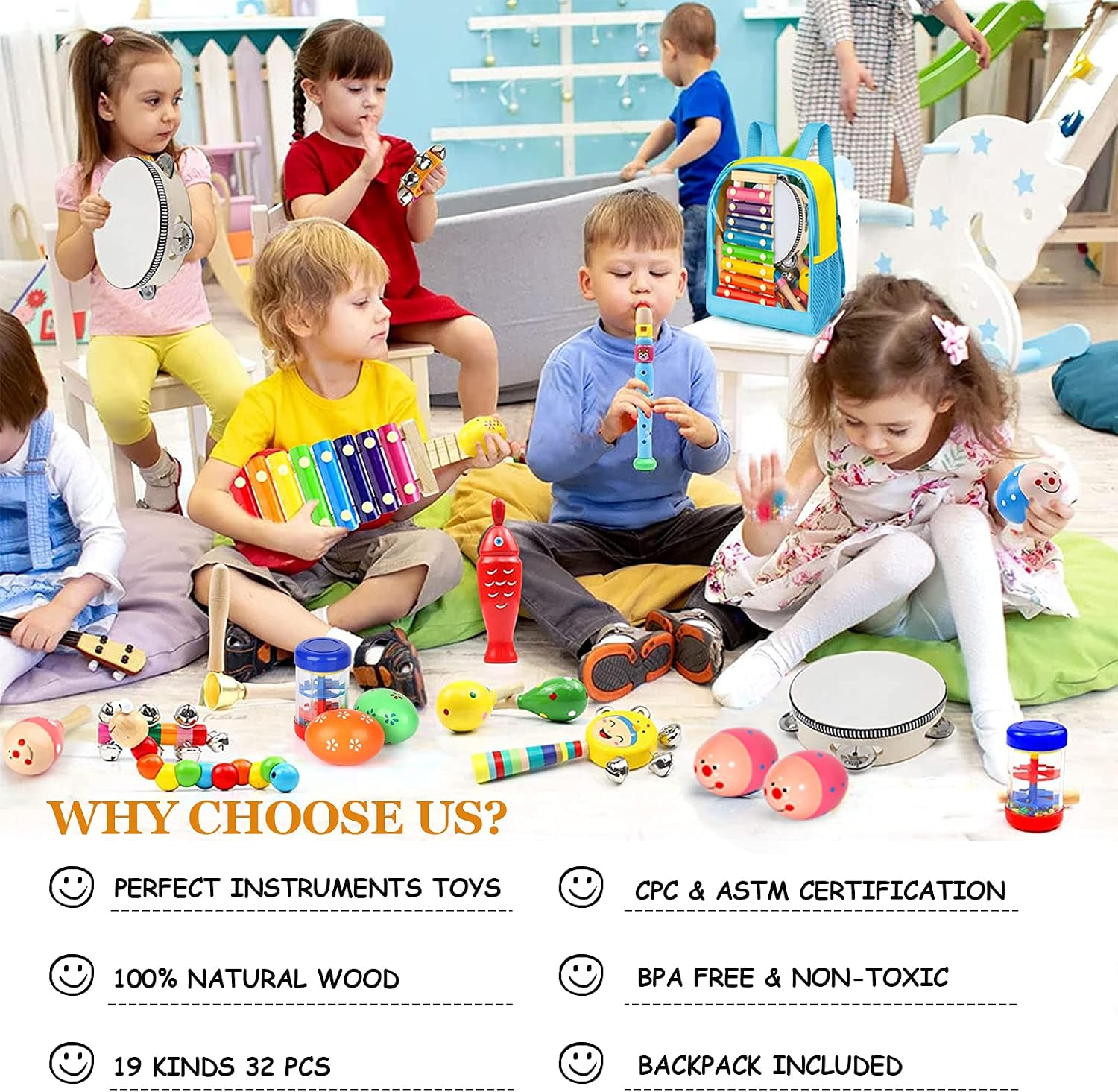 Toddler Musical Instruments Set, 32 PCS 19 Kinds Wooden Percussion Instruments Toys for Kids Playing Preschool