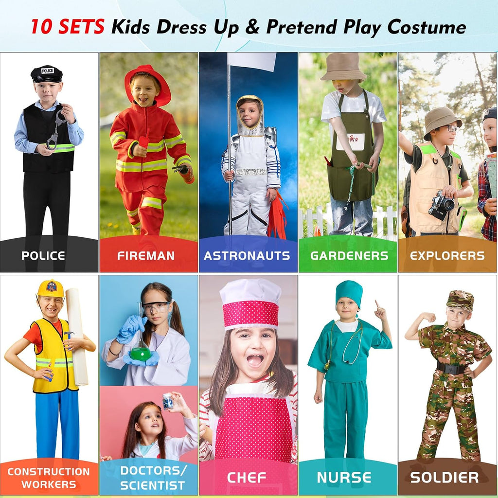 10 Set Dress up Clothes for 3-8 Years Old Washable Construction Policeman Fireman Doctor Chef Gardener Explorer