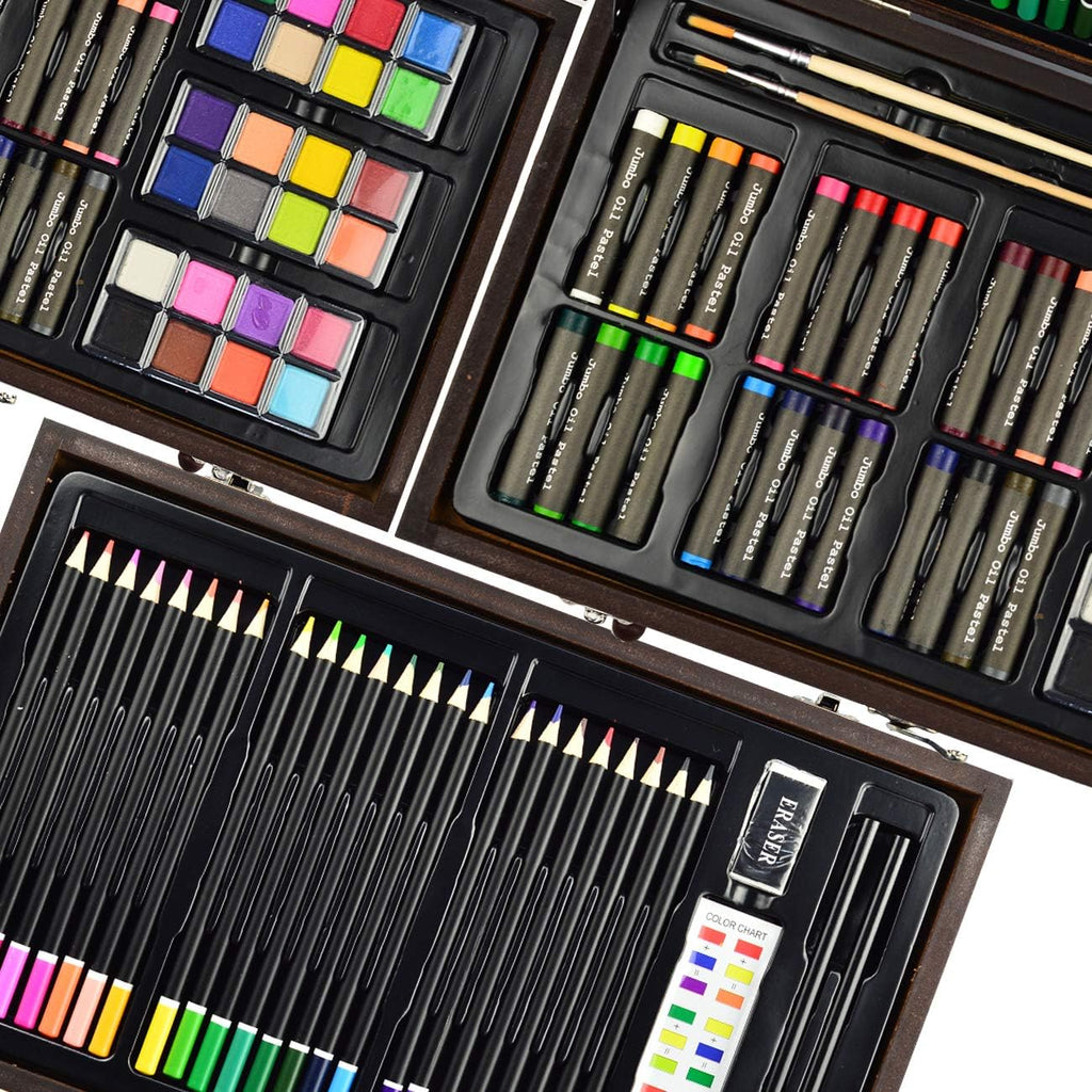 145 Piece Deluxe Art Set, Wooden Box & Drawing Kit with Crayons, Oil Pastels, Colored Pencils, Watercolor Cakes