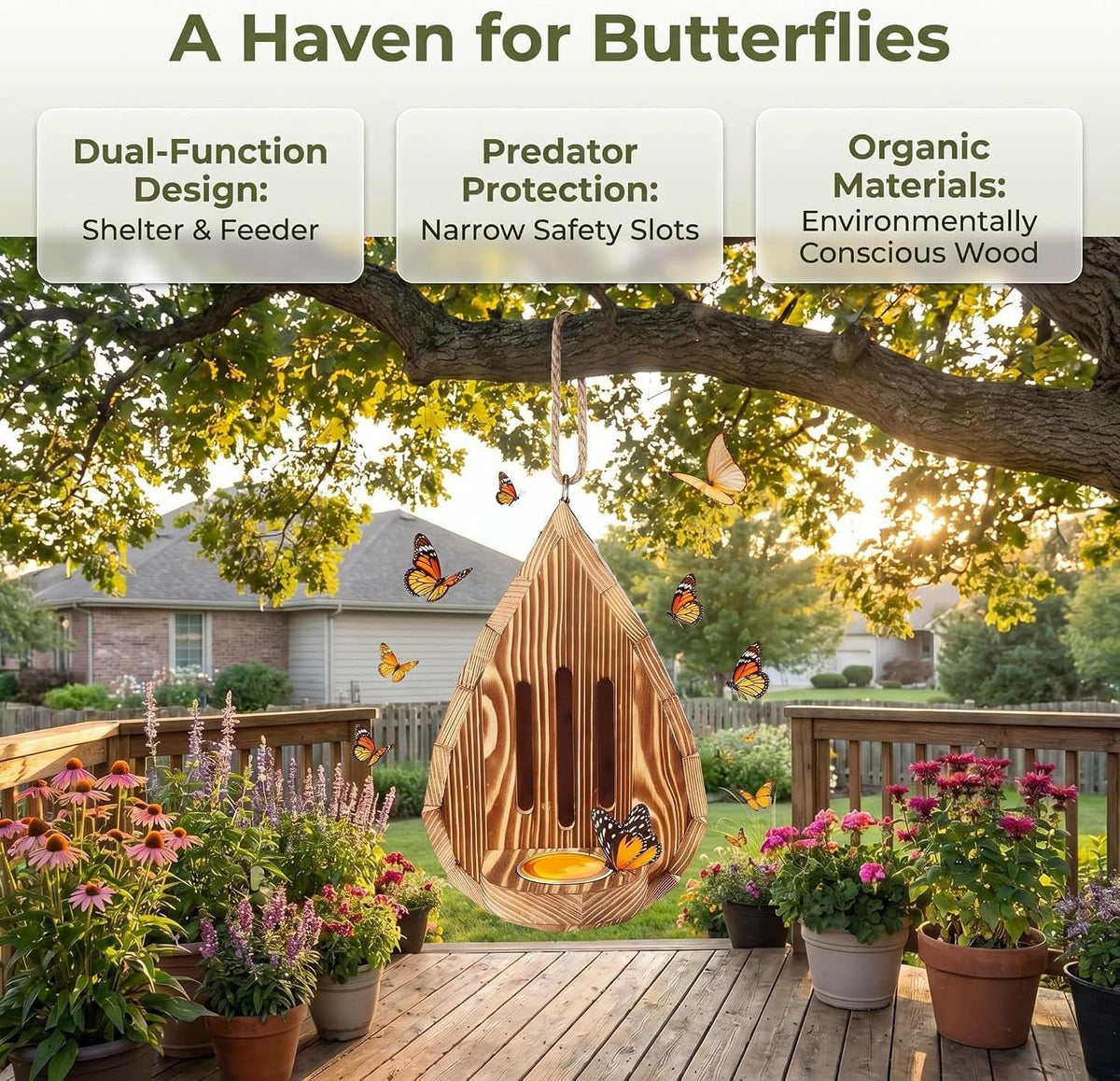 Wooden Hanging Butterfly House for Outside, Butterfly Habitat & Feeder for Garden, Natural Butterflies Habitat with