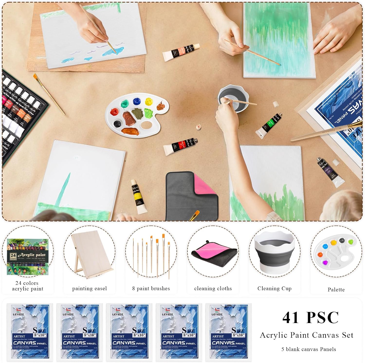 Acrylic Paint Set for Kids & Adults, 41 PCS Paint Kit, Art Painting Supplies Kit with 24 Acrylic Paints, 8 Paint