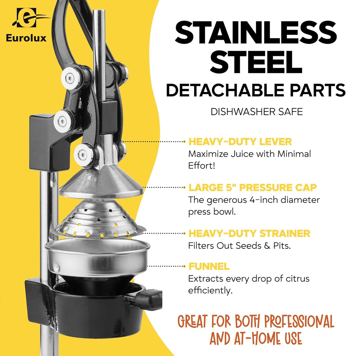 Ultra-Premium Cast Iron Juicer | Extra-Large, Heavy Duty, Commercial Grade, Stainless Steel Manual Hand Press Citrus