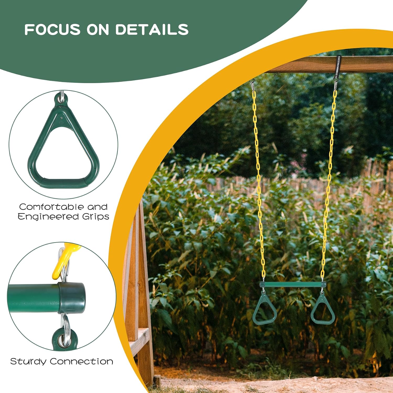 Trapeze Swing Bar Rings and Swing Seat for Kids,Heavy Duty Safe Playground Swings Set Replacement for Children's