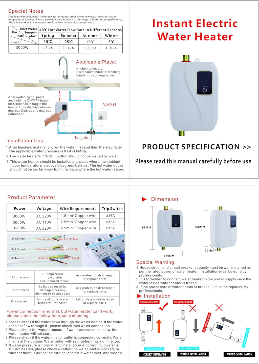 Tankless Water Heater Electric, Instant Hot Water Heater Under Sink, 3000W 110V On Demand Mini Water Heater for RV