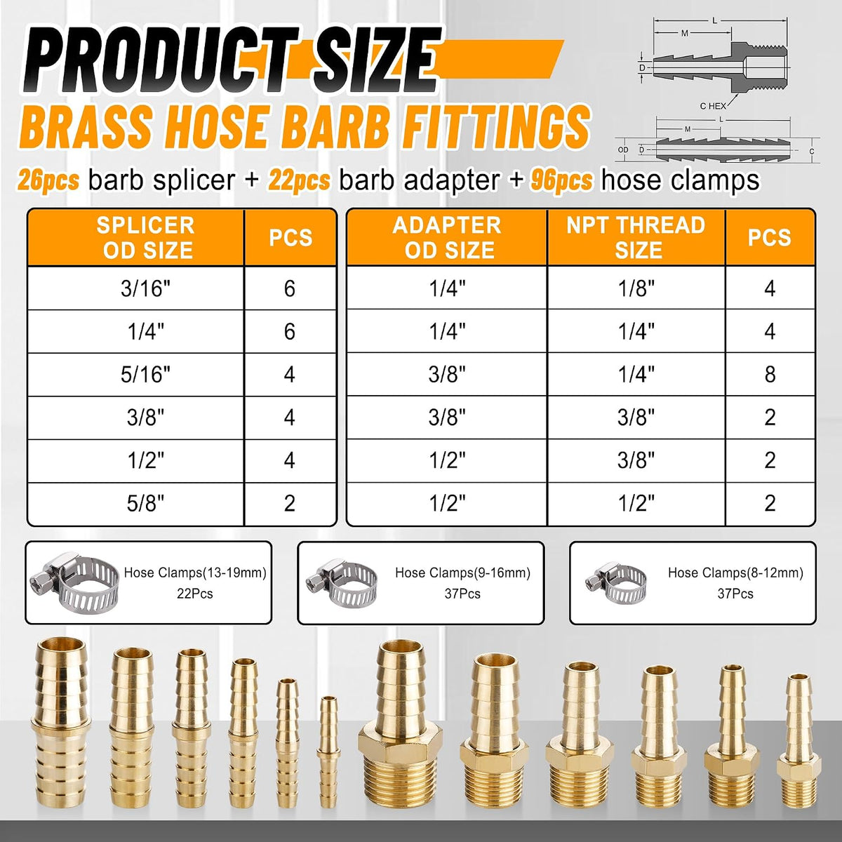 48PCS Brass Hose Barb Fittings with Clamp,Splicer Mender & Adapter