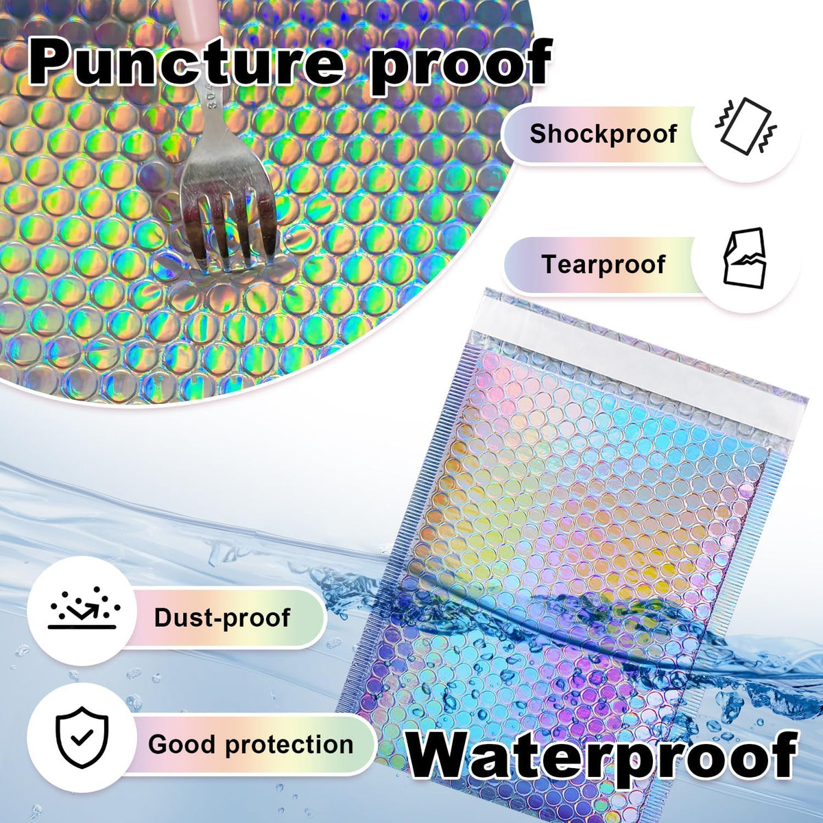 Holographic Bubble Mailers Shipping Bags, 50 Pack, 3 Sizes