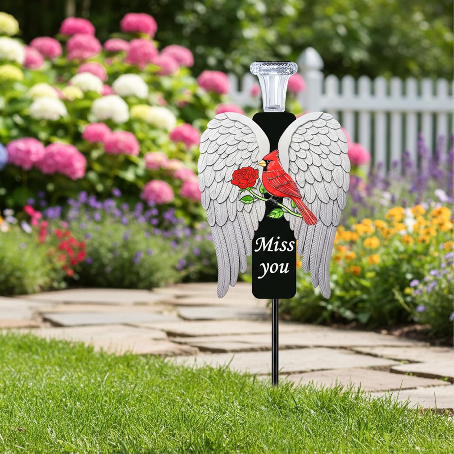 20-Inch Solar Angel Wings Memorial Stake with Red Cardinal - Metal Cemetery Decorations for Grave, Father's Day