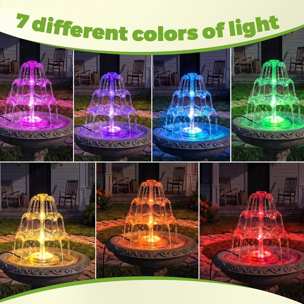 6.5W Solar Bird Bath Fountains with Lights, 3 Tiered Bird Bath
