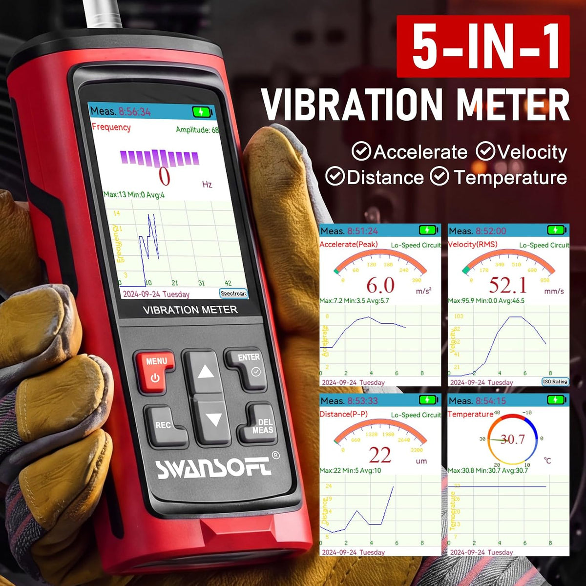 SWANSOFT 5-in-1 Vibration Meter with Remote Sensor, Industrial Analyzer