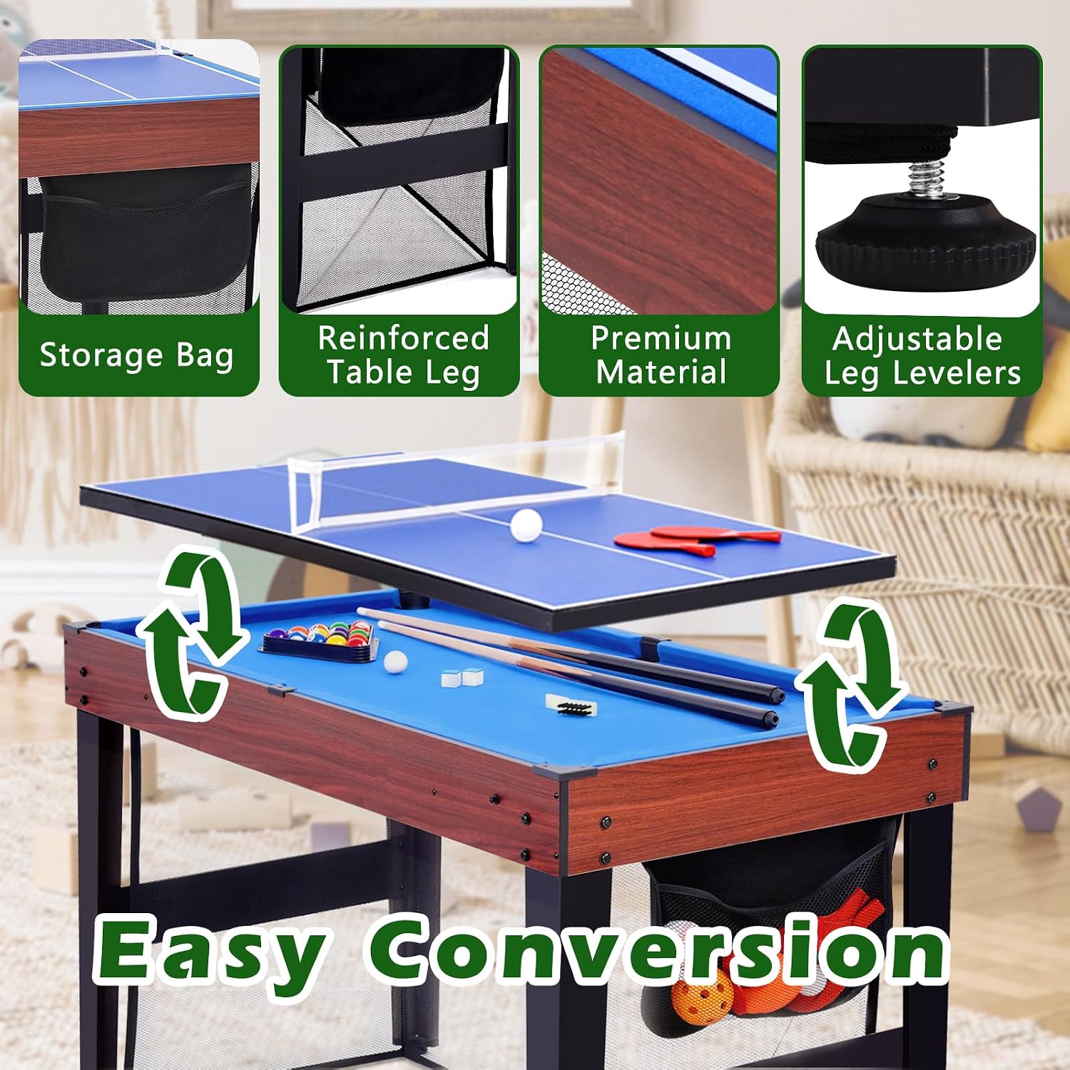 9-in-1 Multi Game Table, Combo Game Table Set | Space-Saving Sports Table w/Basketball, Billiards, Hockey, Ping Pong