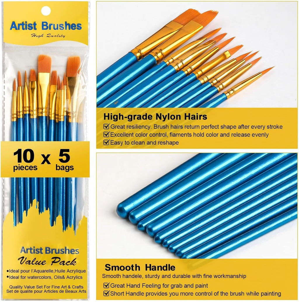 Acrylic Paint Brushes Set, 50Pcs Round Pointed Tip Artist Paintbrushes for Acrylic Painting Oil Watercolor Canvas