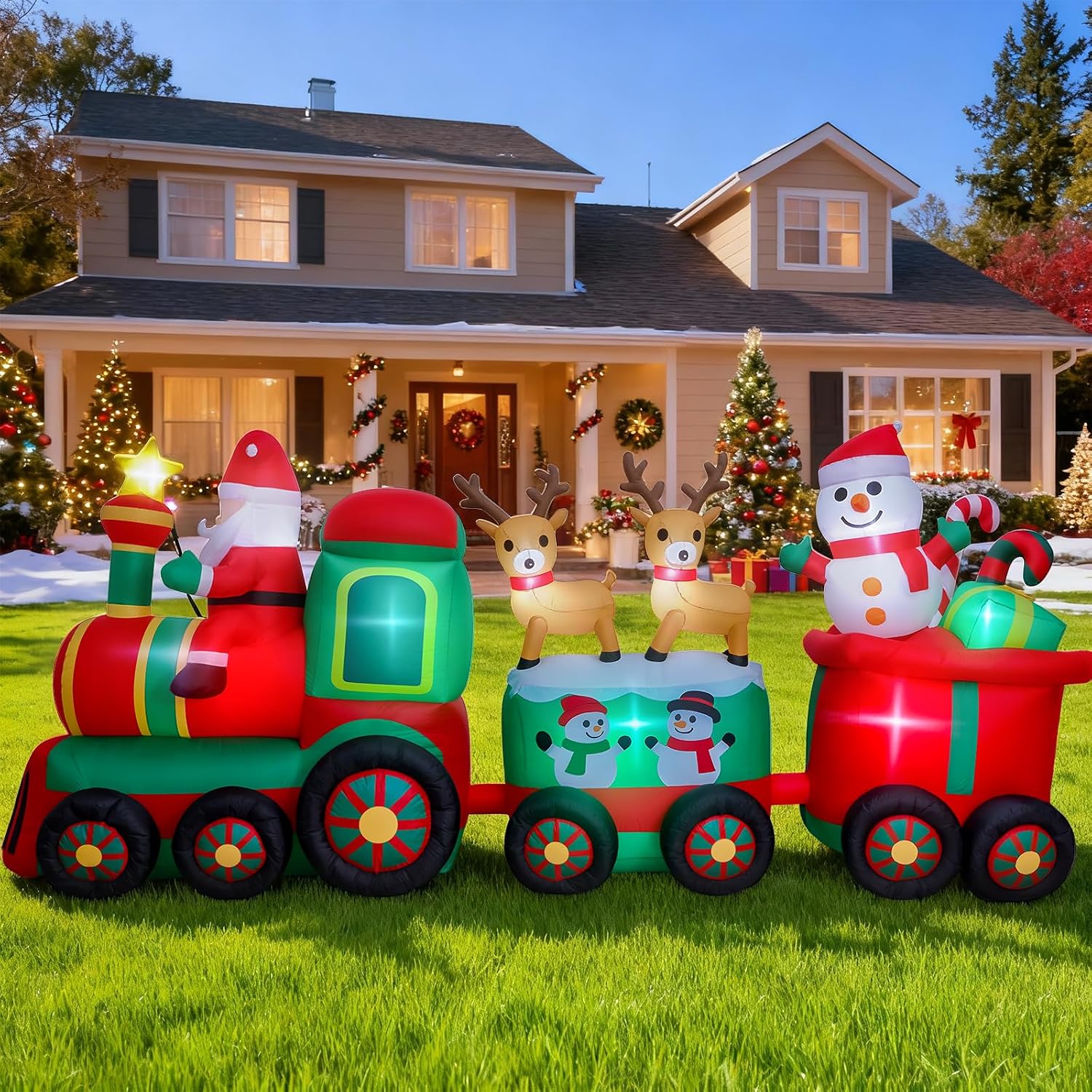 11 FT Long Christmas Inflatables Train with Santa Claus Reindeer Snowman Outdoor Decorations Blow Up Yard with