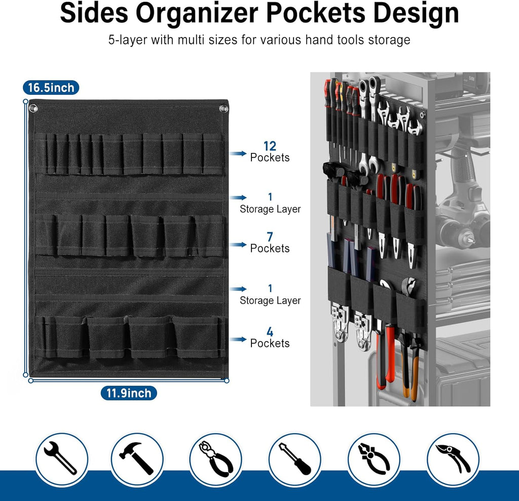 Garage Large Power Tool Organizer Cart with 8 Outlet 3 USB Charging Station, Floor Rolling Drill and Tools Battery