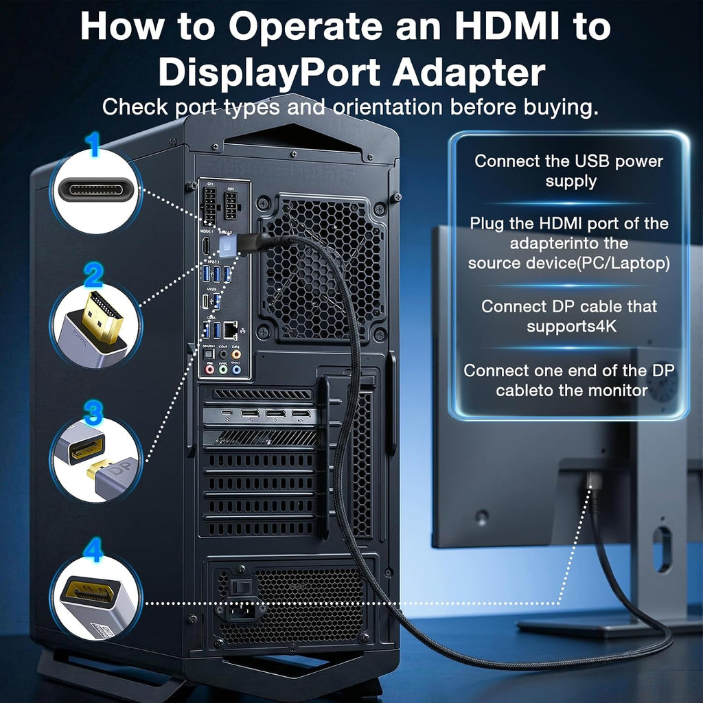 HDMI to DisplayPort Adapter Uni-Directional (4K@60Hz/1080P@120Hz) - 1 Pack | HDMI (Source) 2.0 Male to DP (Display)