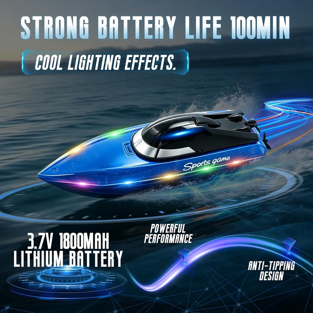 Remote Control Boat with 1800mAh Battery, Clear RC Boat with 10 LED Lights | 100 Min+ Auto Reverse 2.4 GHz Double