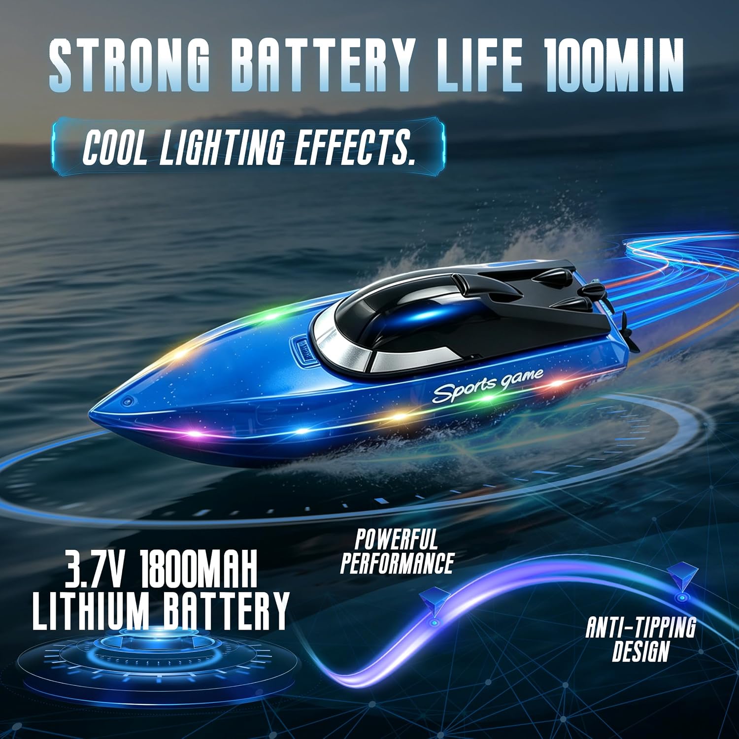 Remote Control Boat with 1800mAh Battery, Clear RC Boat with 10 LED Lights | 100 Min+ Auto Reverse 2.4 GHz Double