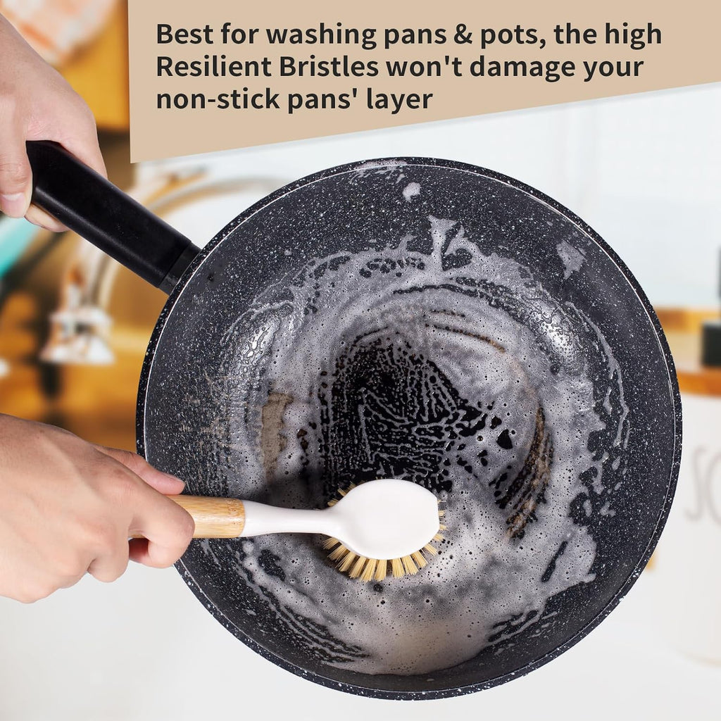 Kitchen Dish & Cast Iron Brush with Scraper, [2 Pack] Skillet Scrub Cleaner with Handle, Kitchen Cleaning Scrubber