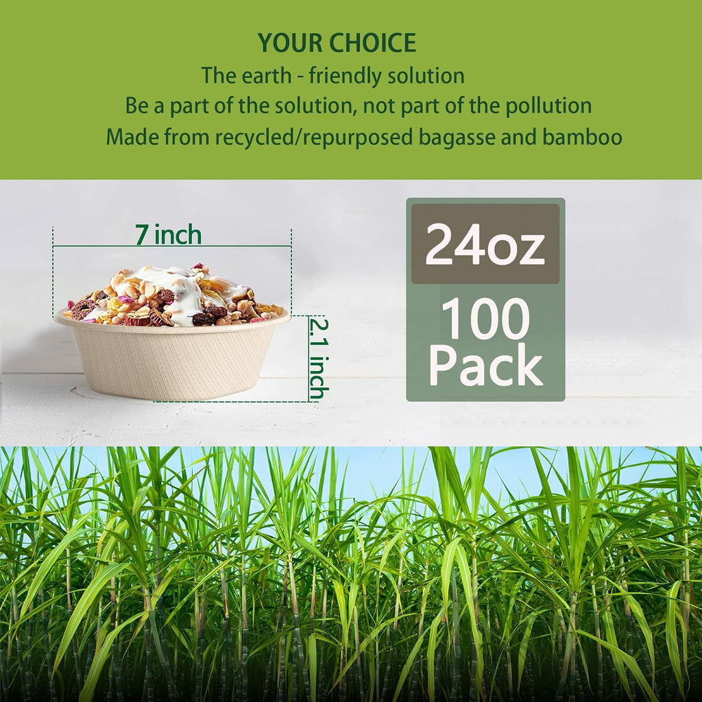 24 Oz Disposable Bowls, [100 Pack] Paper Bowls Disposable - Heavy Duty and Eco-friendly Sugarcane and Bamboo Bagasse