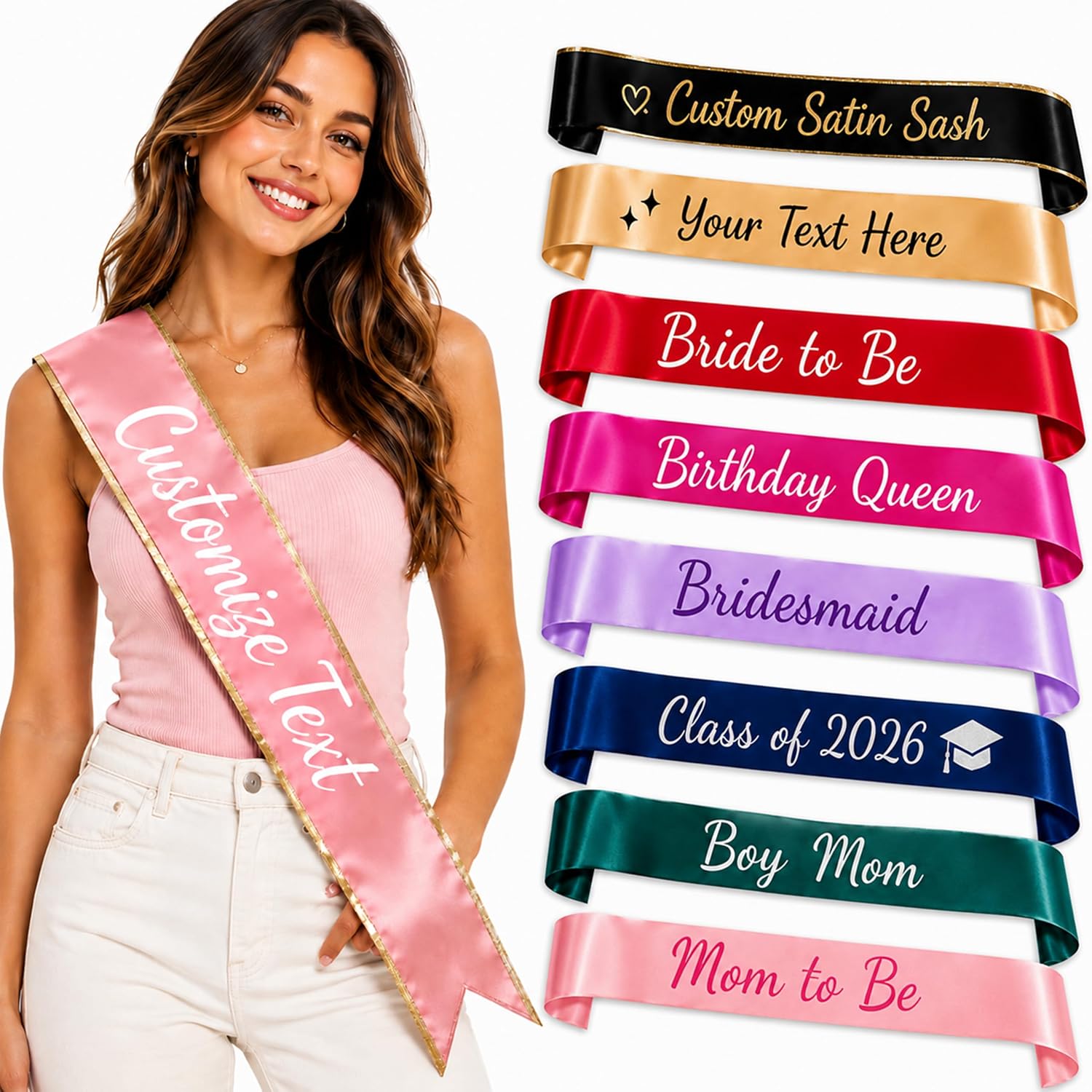 Personalized Satin Sash with Custom Text Icon Logo, Pageant Party Award Sash Birthday Bridal Bachelorette Events