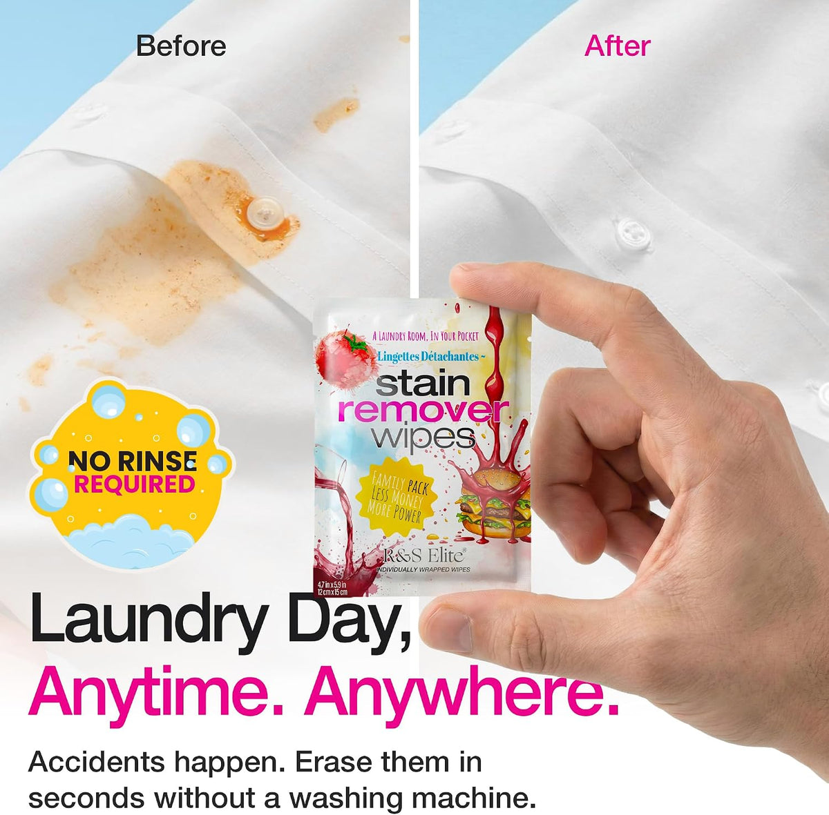 Stain Remover Wipes, 20 Count, Individually Wrapped, Instant Stain Removal