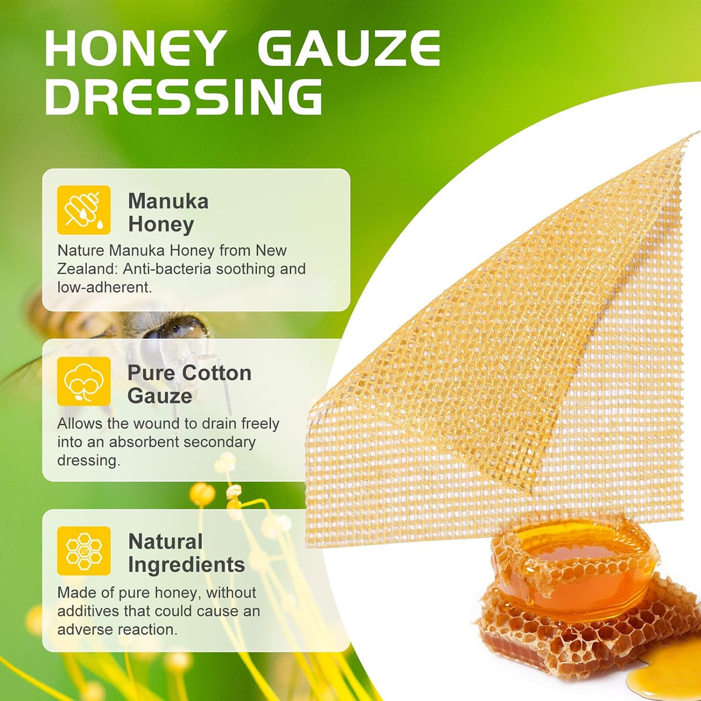 Manuka Honey Gauze Dressing 2"x2" Pack of 10, Manuka Honey Wound Care Bandage for Cuts, Scalds and Burns, Wound