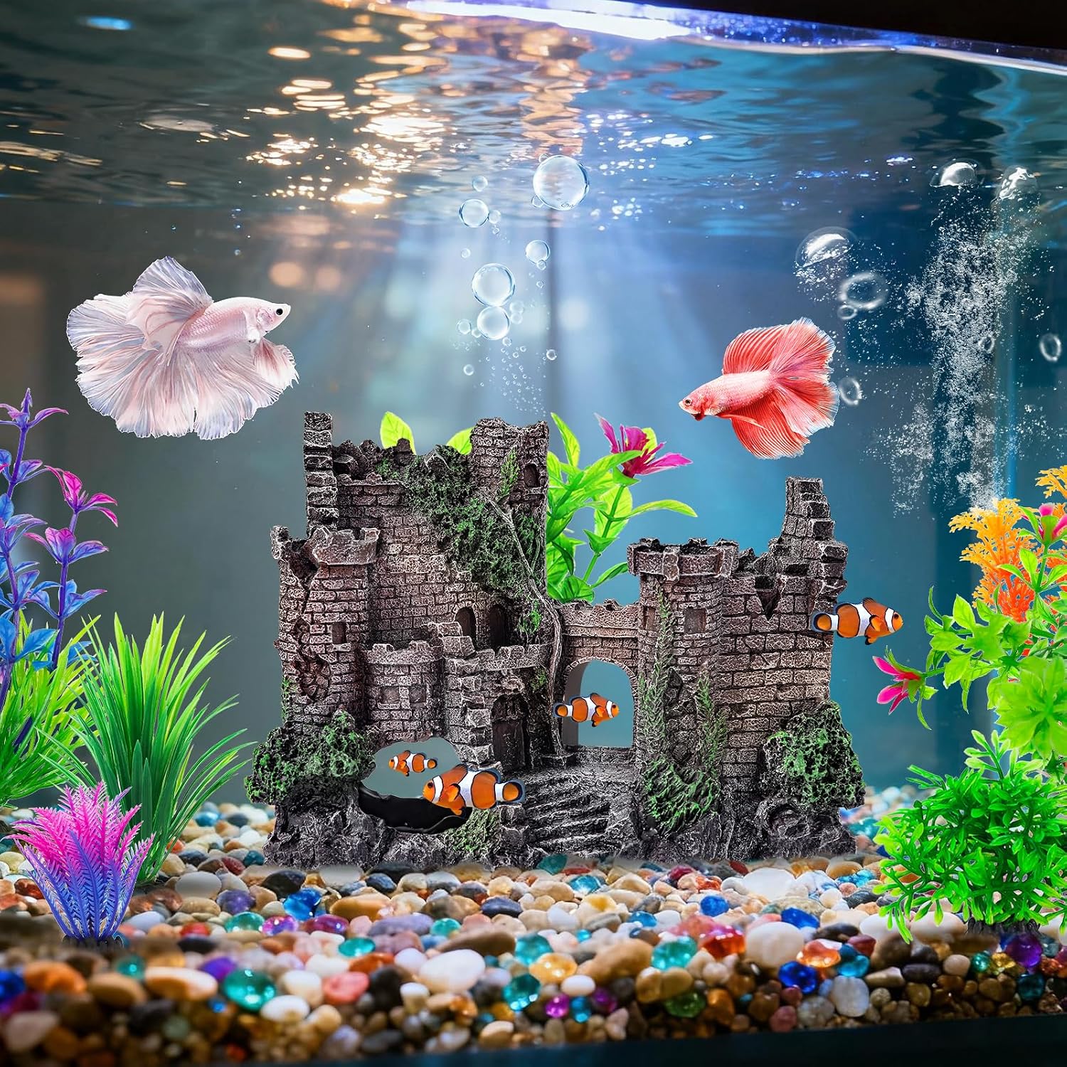 Aquarium Decor Castle Fish Tank Bubbler Set Aquarium Plants for Aquatic Pets to Breed Play and Rest Fish Decorations