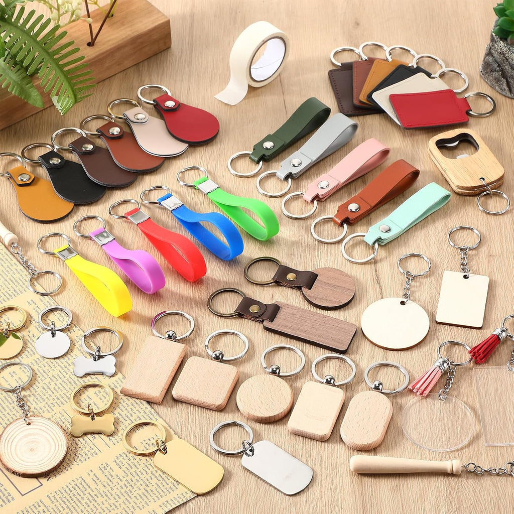 122 Pcs Laser Engraving Blanks, Keychain Bulk Material Accessories | Wood, Stainless Steel, Acrylic, PU Leather
