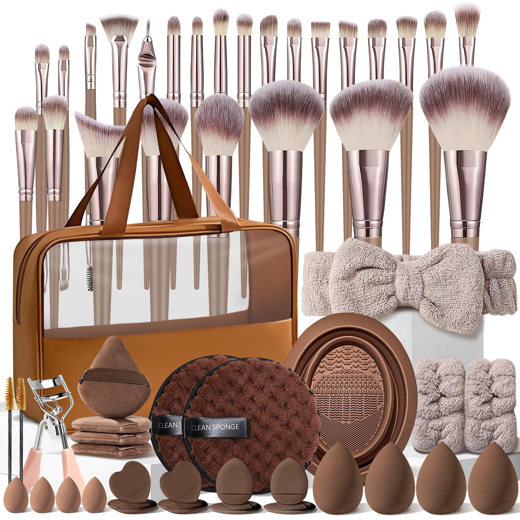 55Pcs Brown Makeup Brushes Set Professional Makeup Kit Multi-functional Makeup Tool Set with Case Facial Makeup