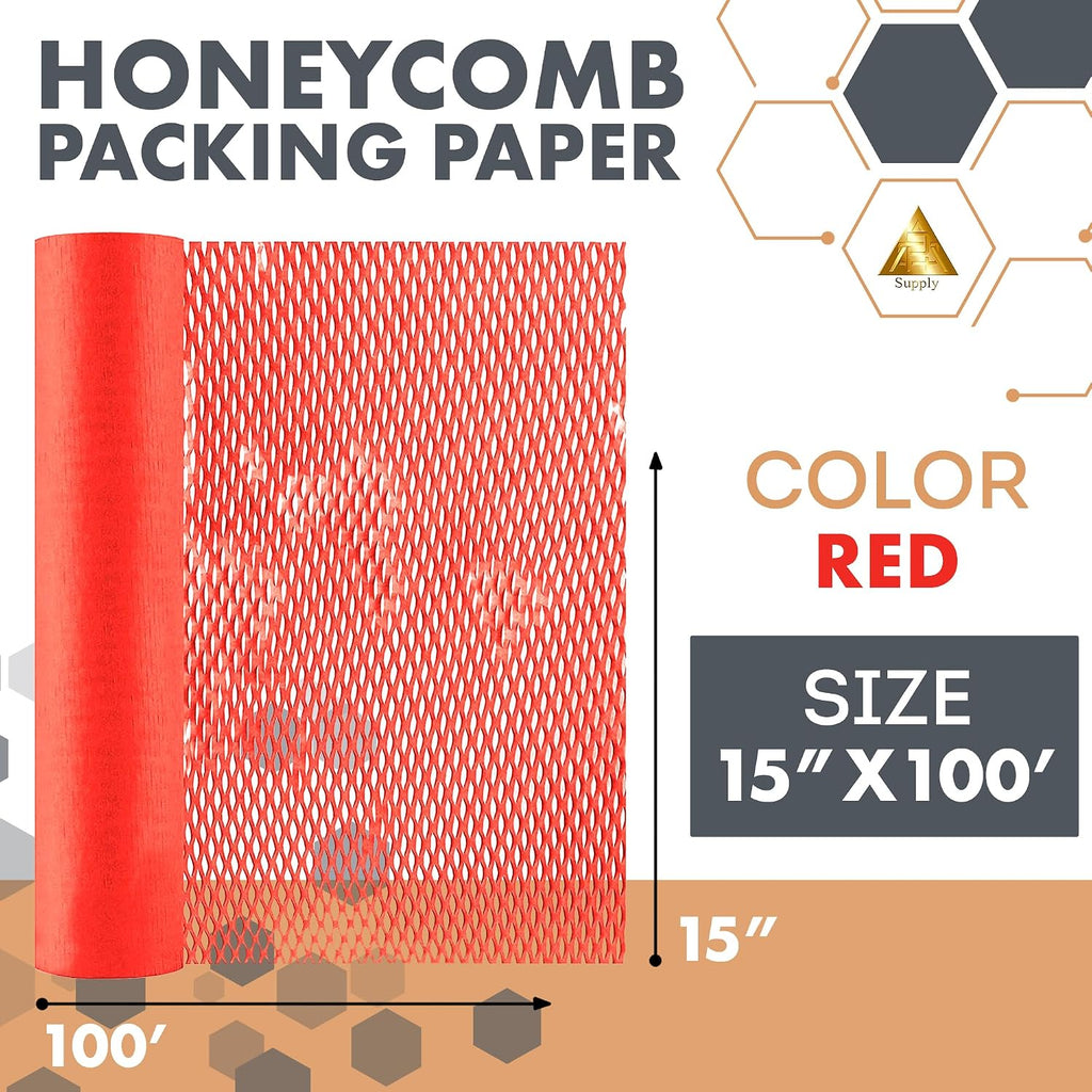 Honeycomb Packing Paper Red, 15 Inch x 100 Feet, Boutique Gift Packaging for Small Businesses, Retail Shops, and