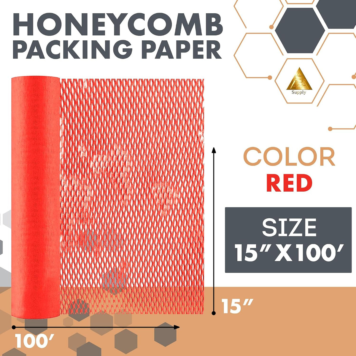 Honeycomb Packing Paper Red, 15 Inch x 100 Feet, Boutique Gift Packaging for Small Businesses, Retail Shops, and
