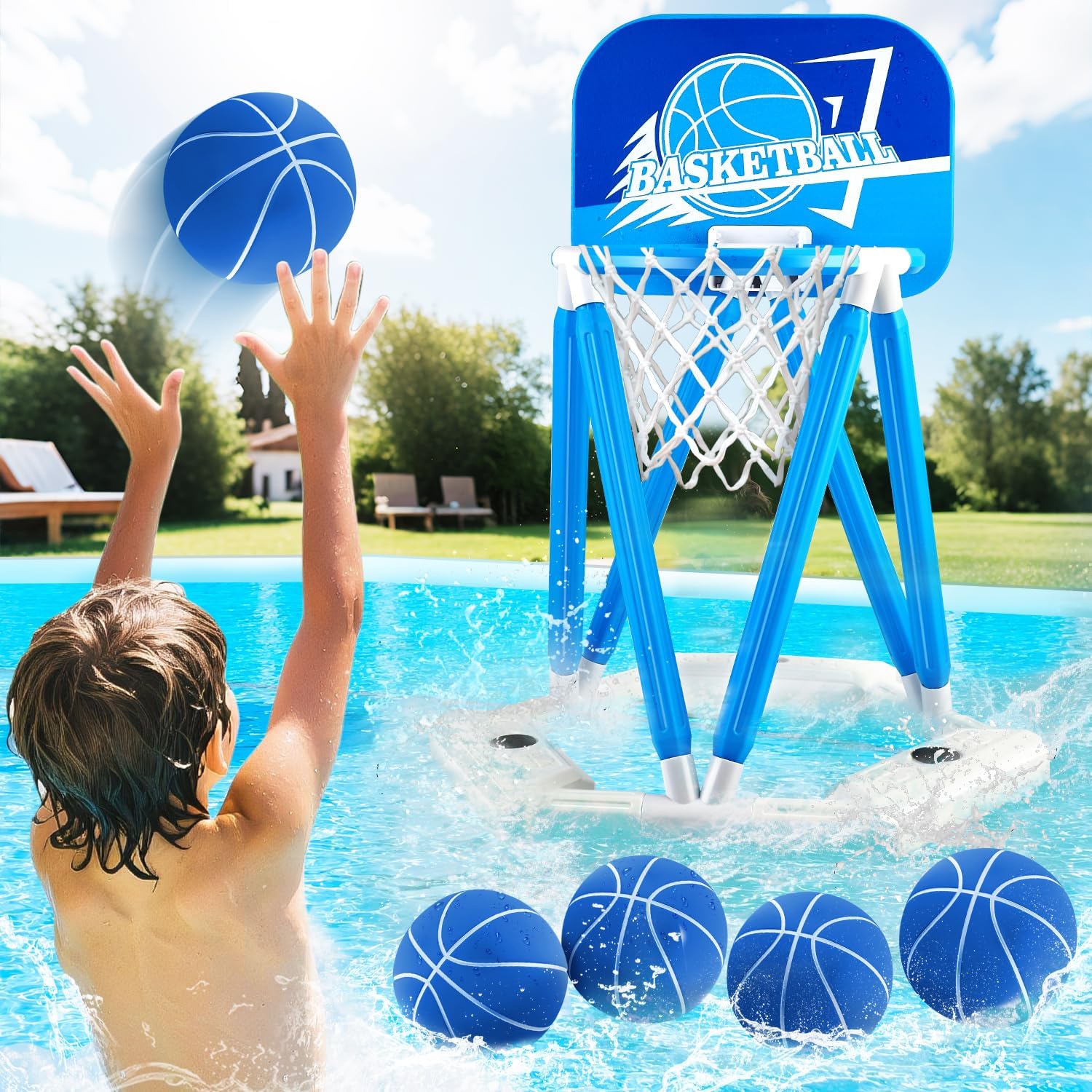 Pool Basketball Hoop, Floating Basketball Hoop Toy for Pool Water Game with 4 Basketballs Summer Swimming Pool Games